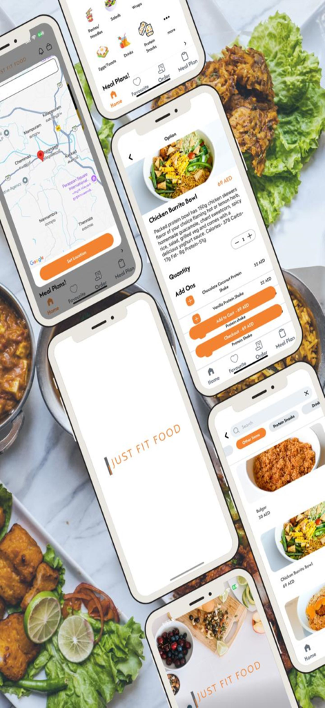 매크로 영양소가 계산된 식사와 건강한 음식 항목이 표시되는 Just Fit Food 앱 인터페이스를 보여주는 여러 개의 iPhone 화면