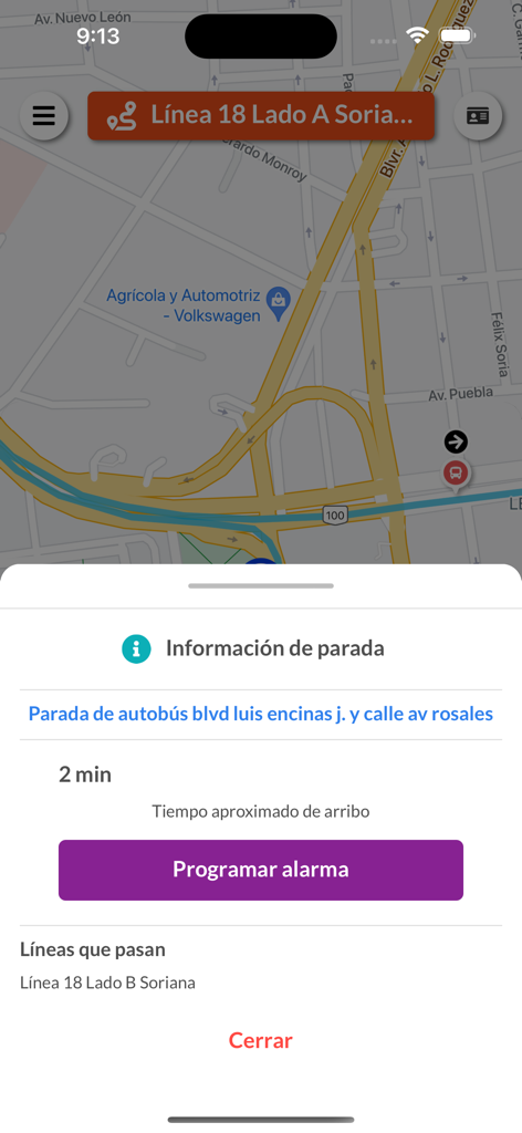 UNE Transporte Sonora - Captura de pantalla de la aplicación UNE Transporte Sonora que muestra un mapa con información de paradas de autobús y hora estimada de llegada.