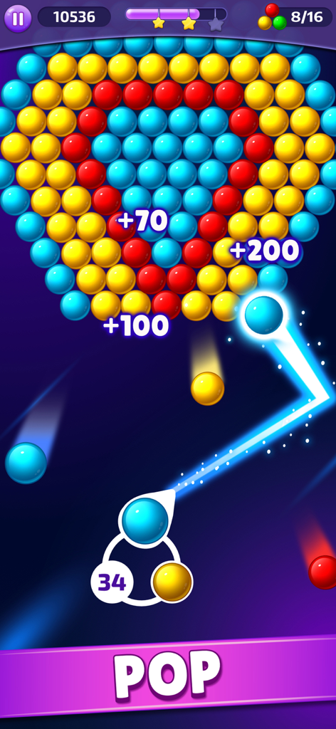 Interface colorida do jogo de atirar em bolhas mostrando um jogador mirando uma bolha azul em um aglomerado de bolhas coloridas com uma linha de mira brilhante.