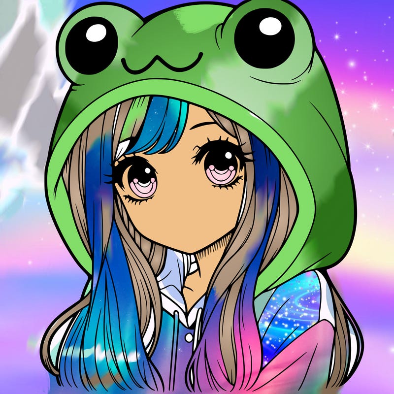 a pretty girl wearing a frog hoodie portrait with long hair