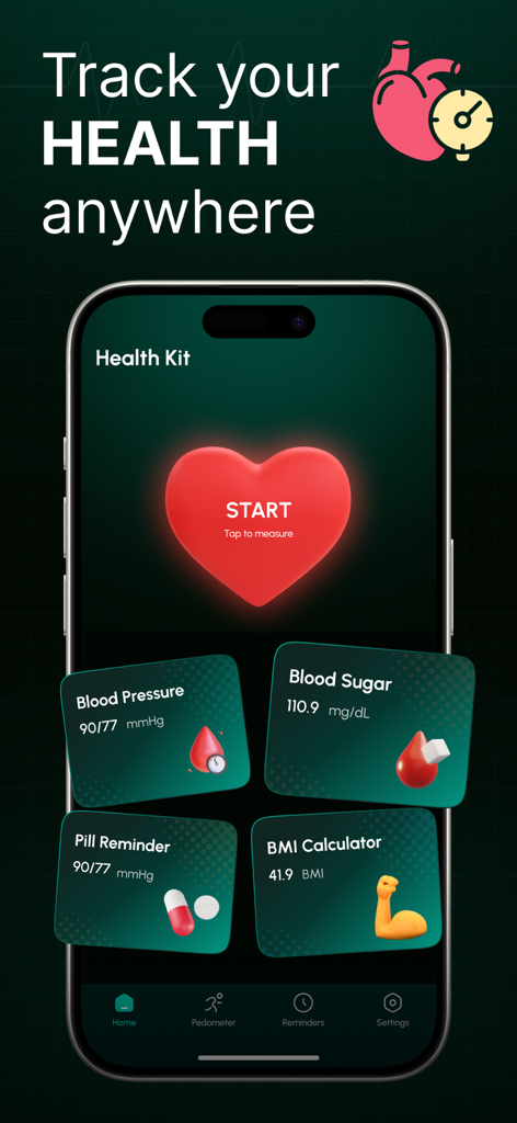 Blood Pressure & Heart Monitor - Dashboard of the Blood Pressure and Heart Monitor app showing tracking features for blood pressure, blood sugar, and medication reminders