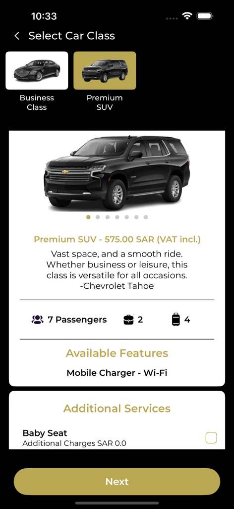 Pantalla de selección de clase de coche de NAYLAM con un SUV Premium Chevrolet Tahoe, mostrando precio, capacidad para 7 pasajeros y Wi-Fi disponible.