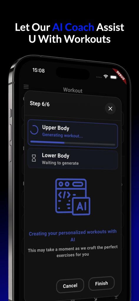 Pantalla de la aplicación Gym Rank que muestra al entrenador de IA generando un entrenamiento personalizado para la parte superior e inferior del cuerpo.