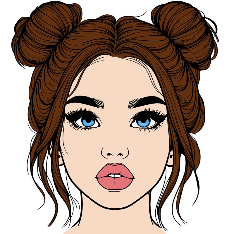 realistic girl with two buns on her hair and lips