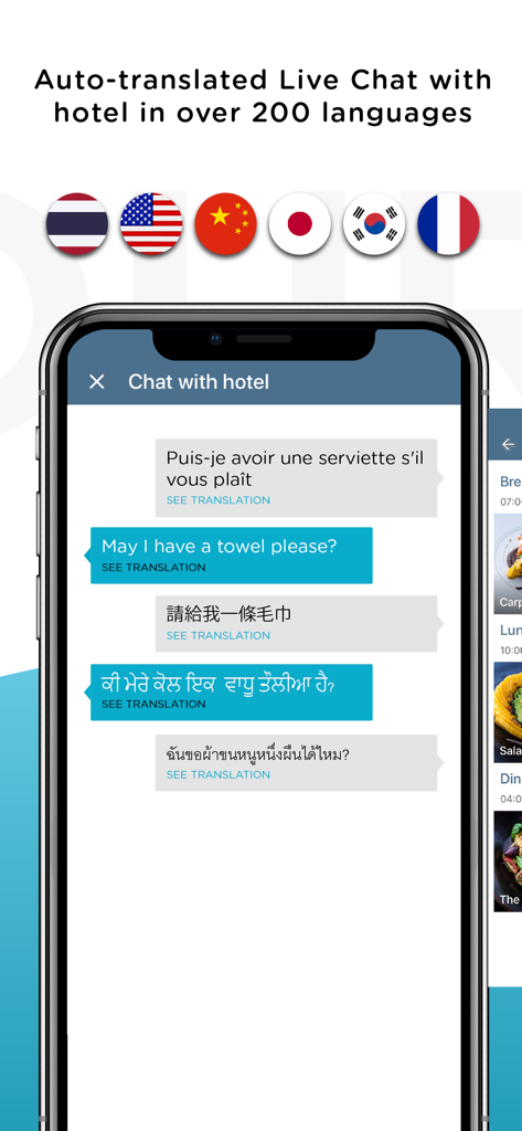 HandiGo app screenshot showing auto-translated live chat with a hotel in multiple languages including English, French, Chinese, and Thai.