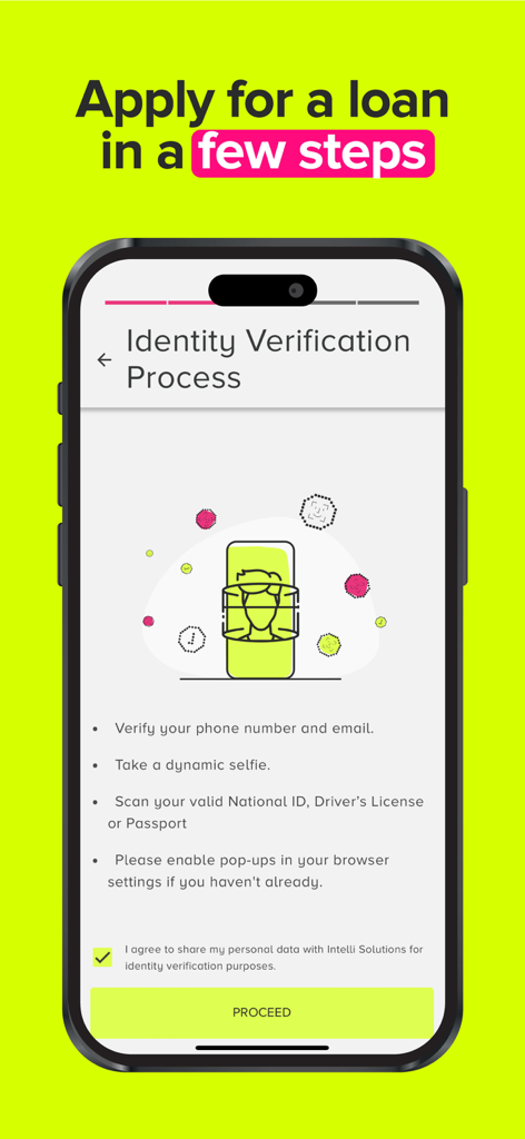 Identity verification screen for digital loan applications on the Cash Plus Digital mobile app