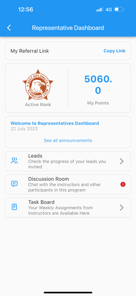 Best Diplomats - Representative Dashboard of the Best Diplomats app showing user points, active rank badge, referral link, and management options like leads and task board.