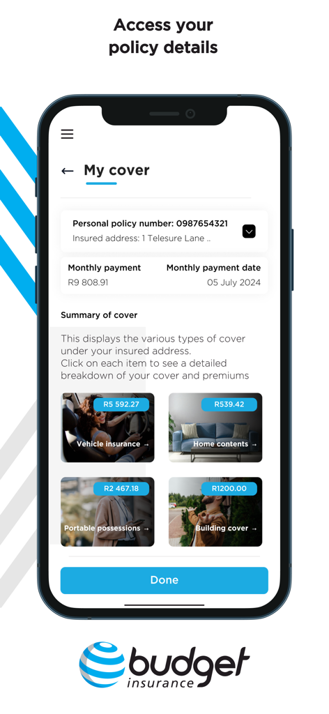 Tela do aplicativo móvel Budget Insurance exibindo detalhes da apólice e tipos de cobertura de seguro para veículo, casa e bens pessoais