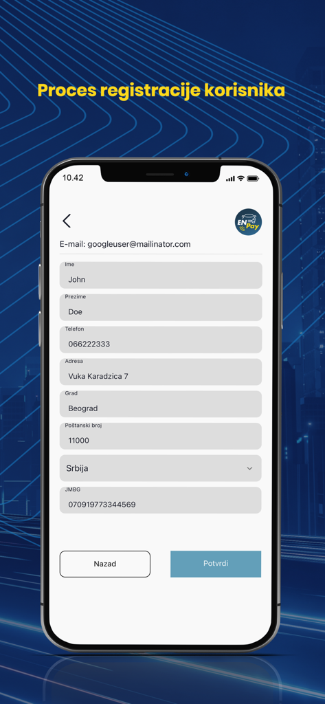 ENPay - Benutzerregistrierungsbildschirm der ENPay-App für elektronische Mauterhebung in Serbien.