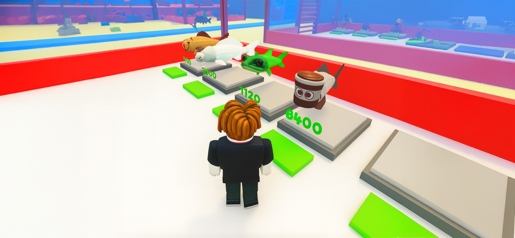 Steal a Golden Fish - A 3D character looking at a selection of colorful fish on pedestals in a bright game environment