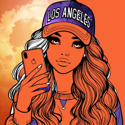 realistic beautiful girl wearing los ángeles cap holding an iphone