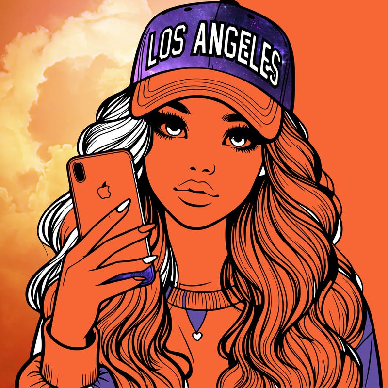 realistic beautiful girl wearing los ángeles cap holding an iphone