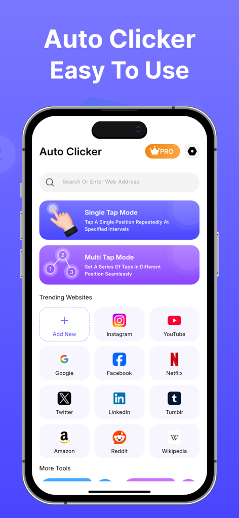 Auto Clicker: Auto Scroll, Tap - Interfaz principal de la aplicación Auto Clicker en iPhone mostrando modos de toque y sitios web populares