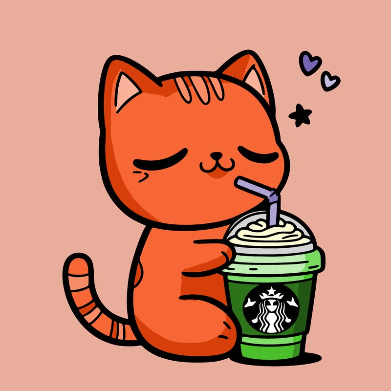 cat drinking starbucks