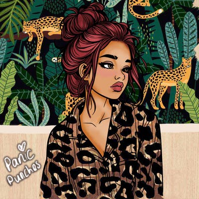 realistic woman with pajamas on and a messy bun