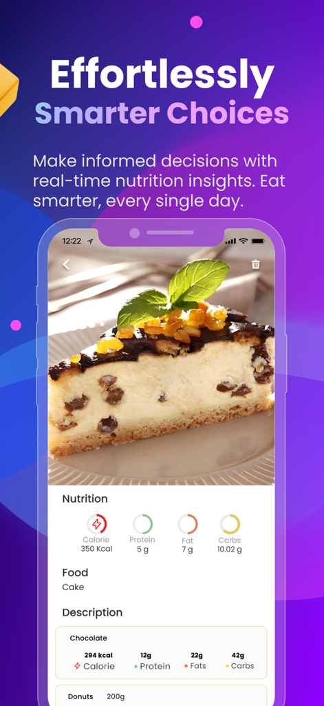 Interfaz de la aplicación Cal.AI que muestra información nutricional en tiempo real y seguimiento de calorías para un trozo de pastel
