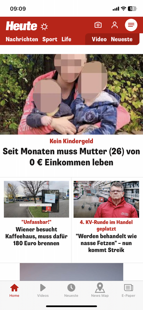 HEUTE – Die Tageszeitung - Pantalla de la aplicación de noticias HEUTE mostrando titulares de noticias austriacas y navegación