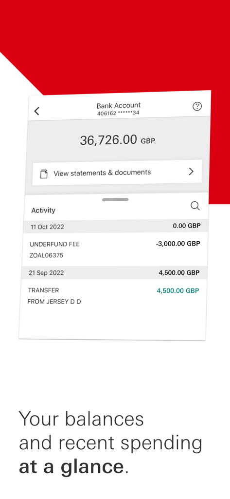 HSBC Expat - HSBC Expat mobile app interface showing account balance in GBP and recent transaction history