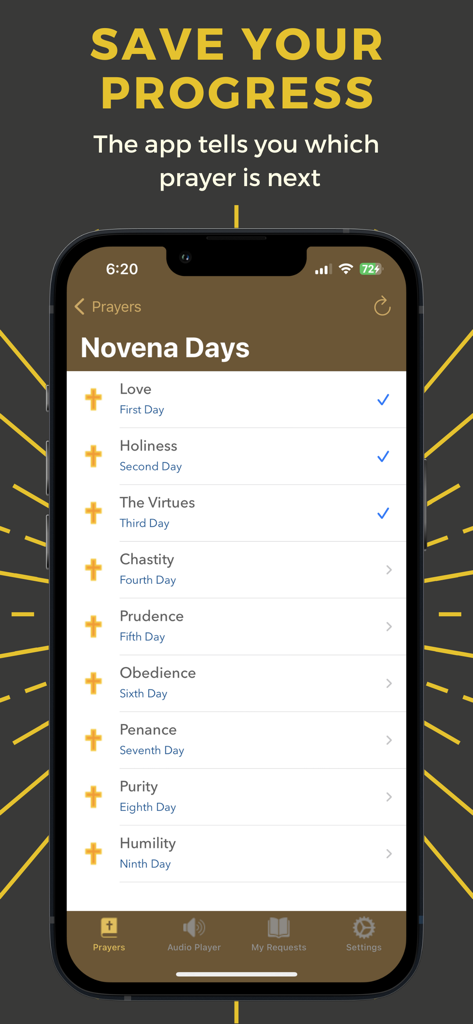 スマートフォン画面。Padre Pioアプリがノベナの祈りの進捗を追跡している様子が表示されます。
