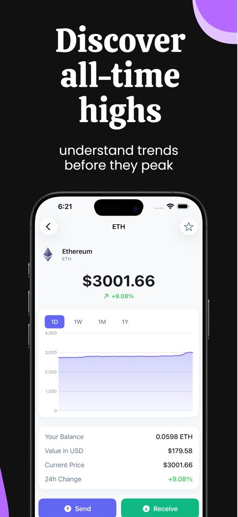 Aplicativo móvel Carteira Ethereum exibindo gráfico de preços ETH e dados do portfólio