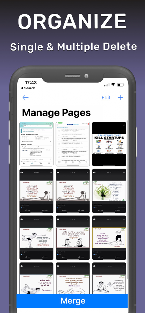 PDF Pages: Add, Delete, Export - モバイルアプリで複数のPDFページを管理、削除、結合する方法を示すインターフェース