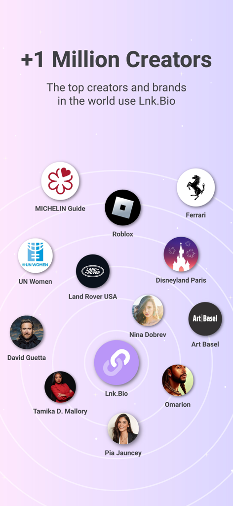 Lnk.Bio - Link in bio - A graphic showing over one million creators and top brands like Ferrari and Roblox using Lnk Bio