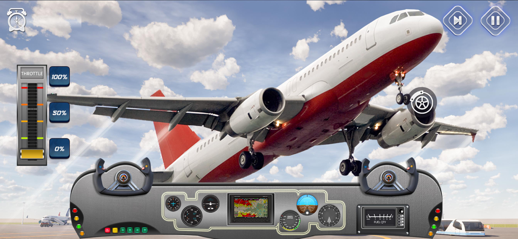 City Airplane Pilot Flight Sim - Avión comercial volando en el cielo con controles de cabina y tablero mostrados en pantalla