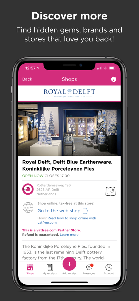 vatfree.com - Vatfree mobile app screen showing a partner store listing with guaranteed VAT refund information.