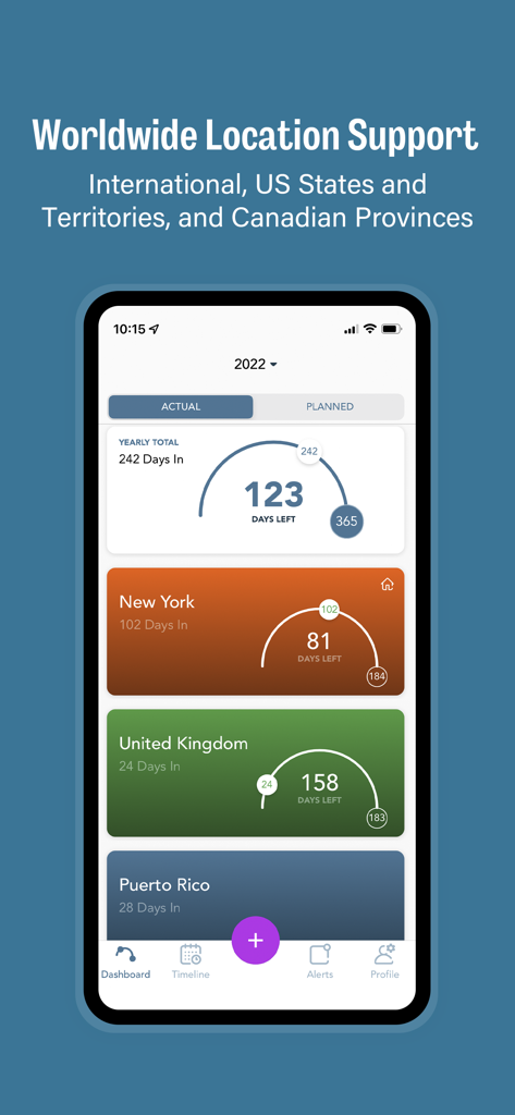 TaxBird app dashboard tracking residency days in New York and the United Kingdom with progress bars showing days remaining until thresholds