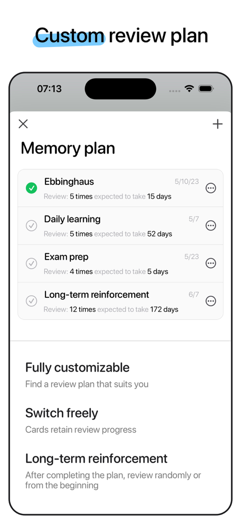 Écran de l'application WinkNotes montrant des plans de mémoire personnalisables pour l'étude par répétition espacée.