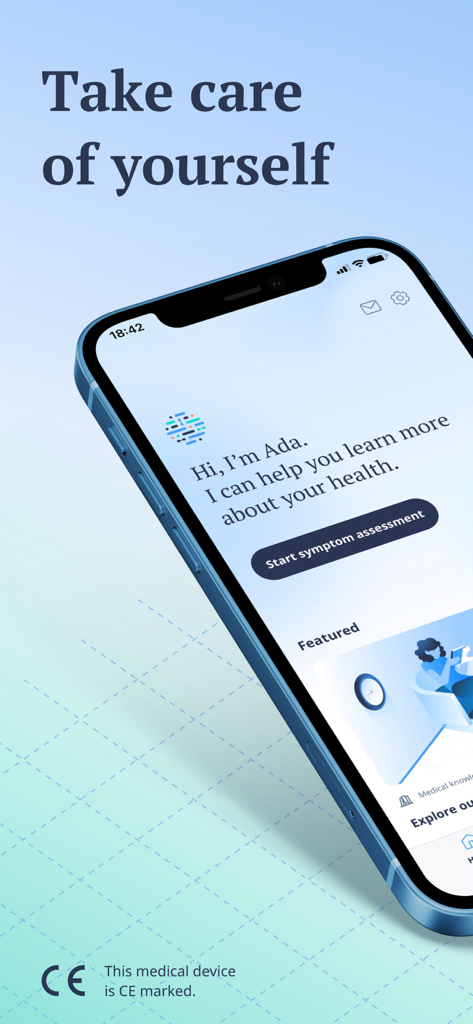 Ada – check your health - Ada health app interface on a smartphone with a start symptom assessment button