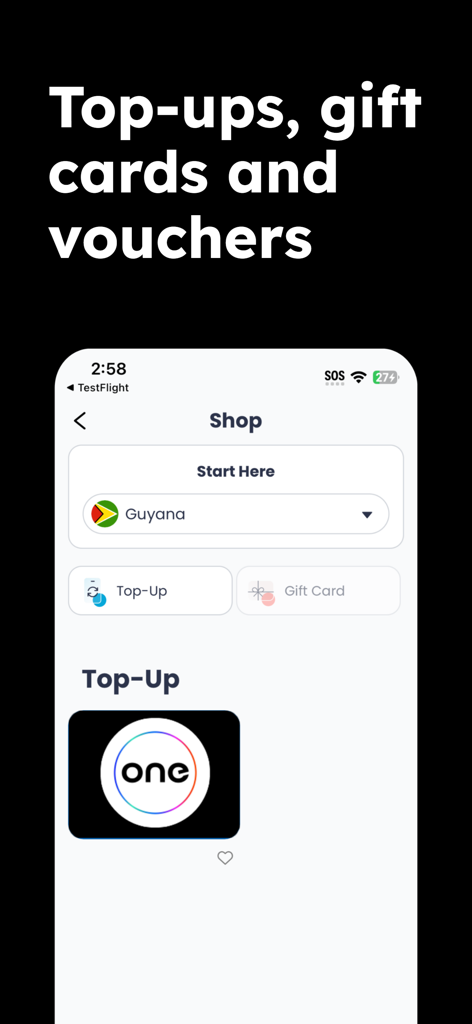 One Communications Topup App - One Communications app shop screen showing top up and gift card options for Guyana