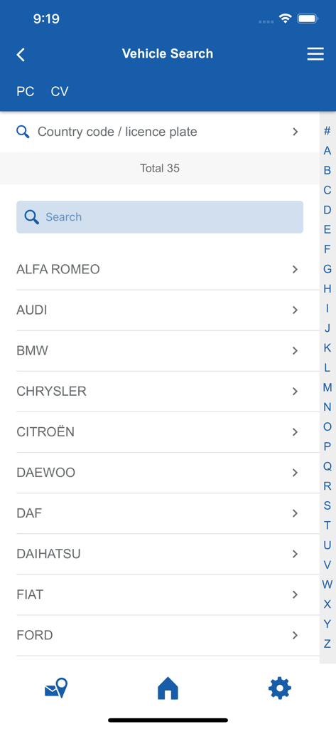 ATE Catalogue - Suchbildschirm für Fahrzeuge in der ATE Katalog-App mit alphabetischer Liste von Automarken, einschließlich Audi und BMW