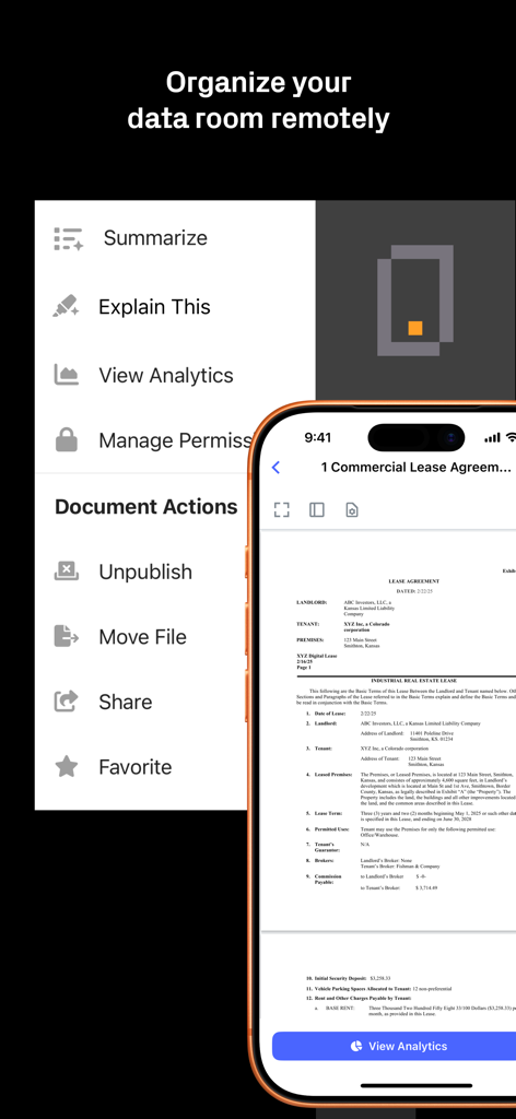 Interface do aplicativo móvel Datasite mostrando a organização do data room remoto e o gerenciamento de documentos em um iPhone.