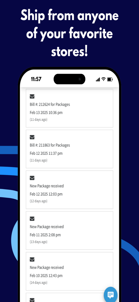 Easiparcel - Easiparcel App-Oberfläche, die eine Liste von Paketankündigungs-Benachrichtigungen und Rechnungsstatus anzeigt