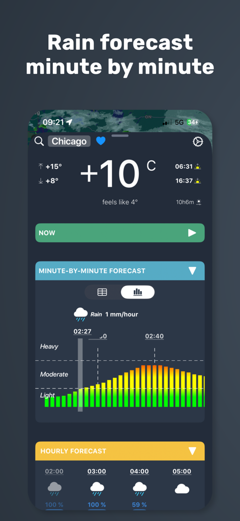 Weather + Radar: NOAA Rain Map - Interfaz de aplicación móvil que muestra un gráfico de intensidad de precipitación minuto a minuto y datos meteorológicos actuales para Chicago.