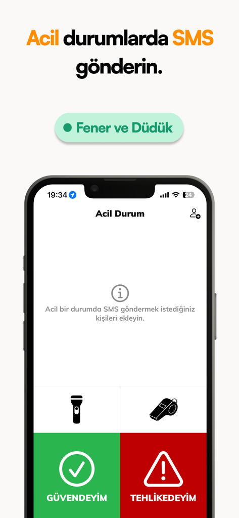 Earthquake Turkey - Interface of the Earthquake Turkey app showing emergency SMS options, flashlight and whistle tools, and safety status buttons