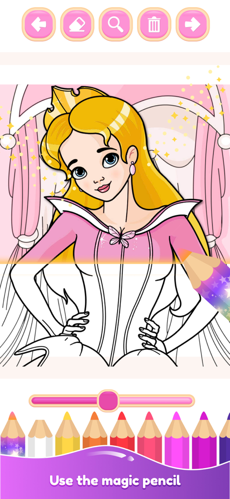 Drawing game for girls - Screenshot of a princess coloring page in the Drawing game for girls app featuring a magic pencil tool