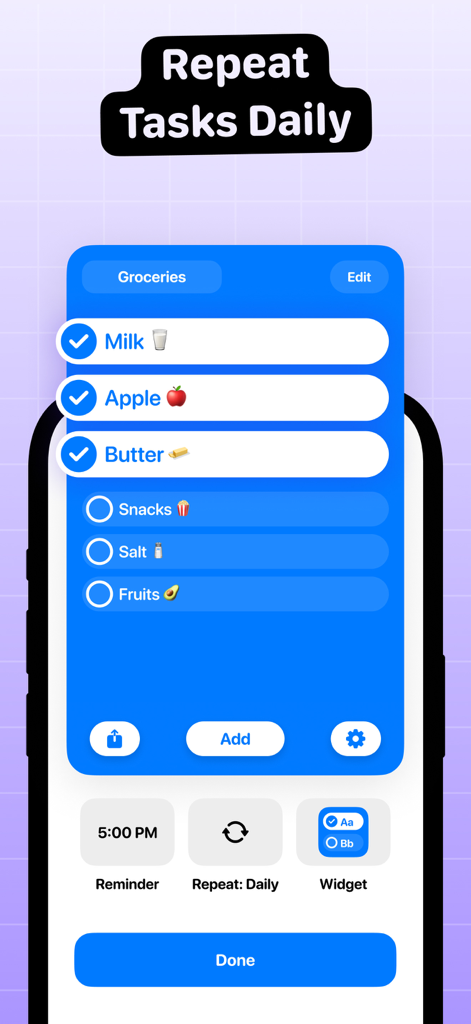 To Do List Widget - Interface do Widget de Lista de Tarefas mostrando uma lista de compras com repetição diária de tarefas e lembretes.