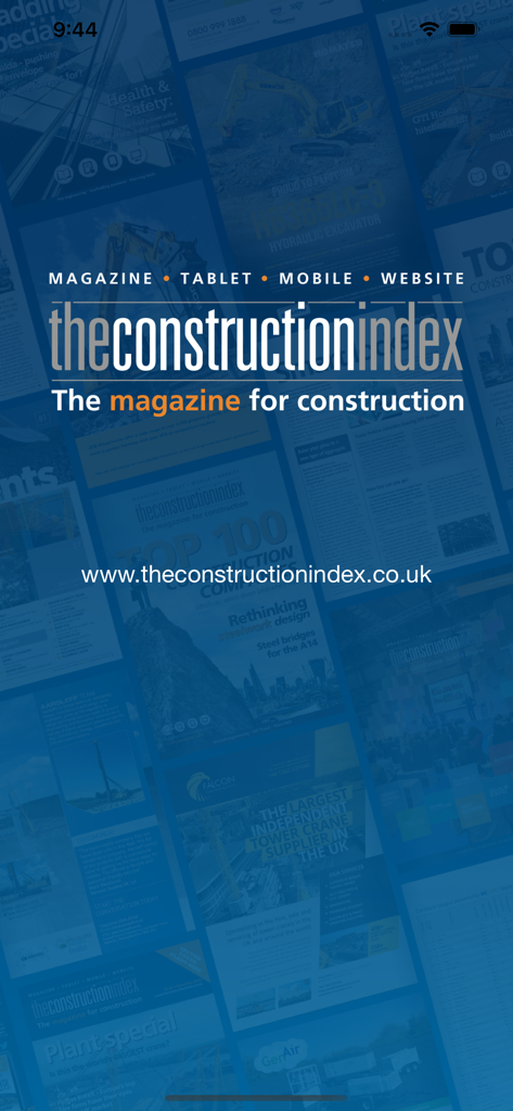 The Construction Index Magazine app splash screen featuring the brand logo and various industry news article covers in the background