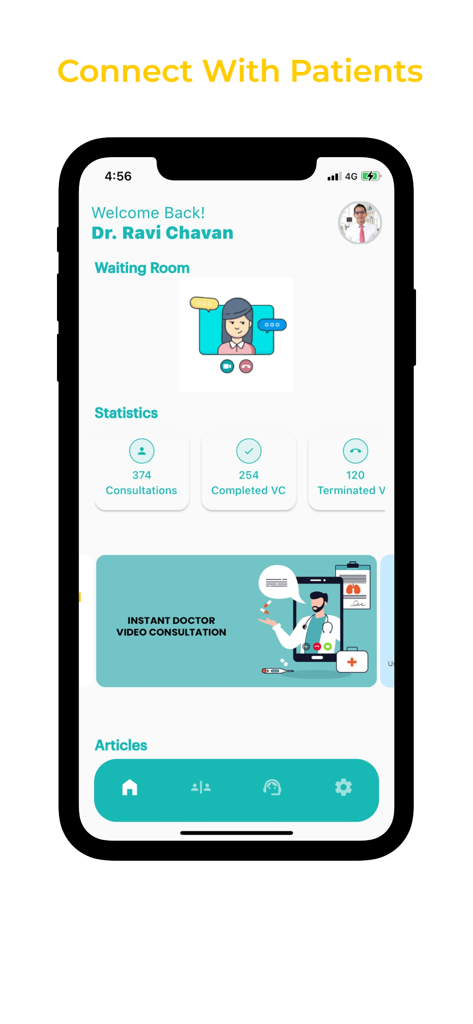 Swayam Health - For Doctors - Swayam Health mobile app interface for doctors showing patient waiting room and consultation statistics