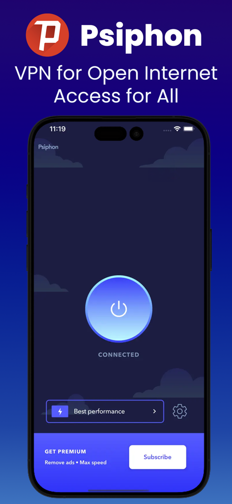 Psiphon VPN app interface on an iPhone displaying a connected status button