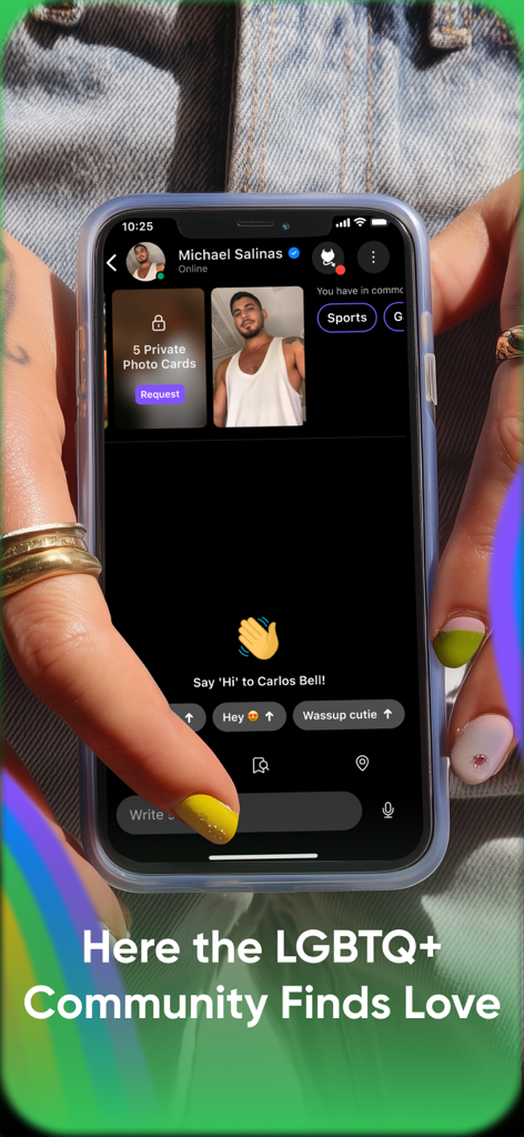 A person holding a smartphone showing the Taimi app chat interface with private photo card requests and icebreaker options.