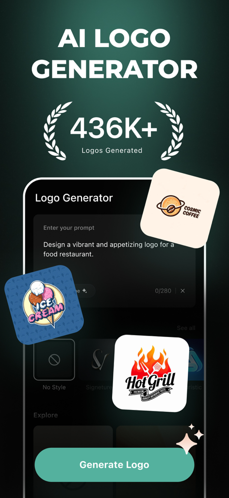 LookA AI: AI Logo Generator - LookA AI Logo Generator app screen showing a prompt for a food logo and various generated logo samples for coffee, ice cream, and a grill.