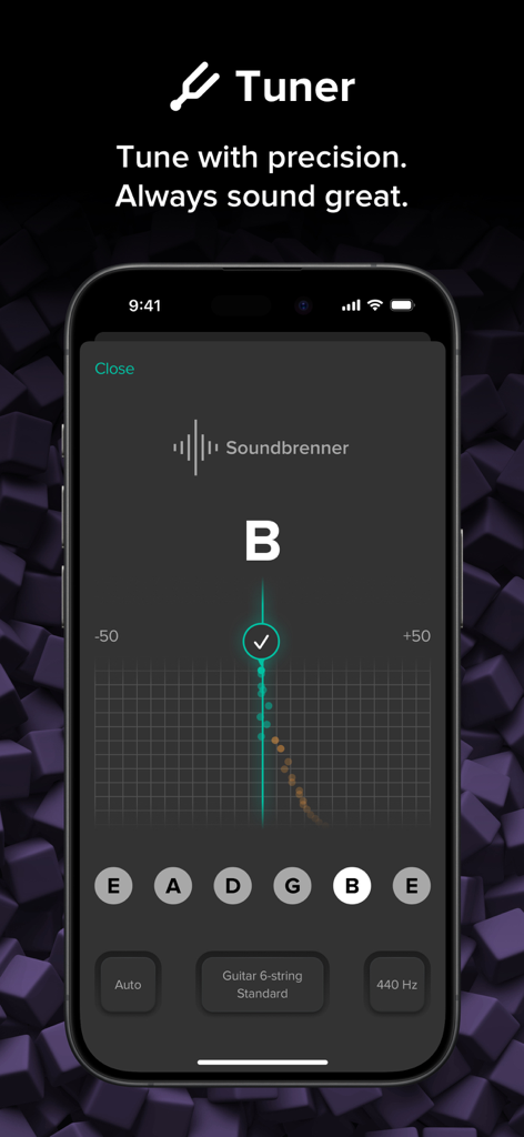 Smartphone showing the professional instrument tuner interface of the Soundbrenner metronome app