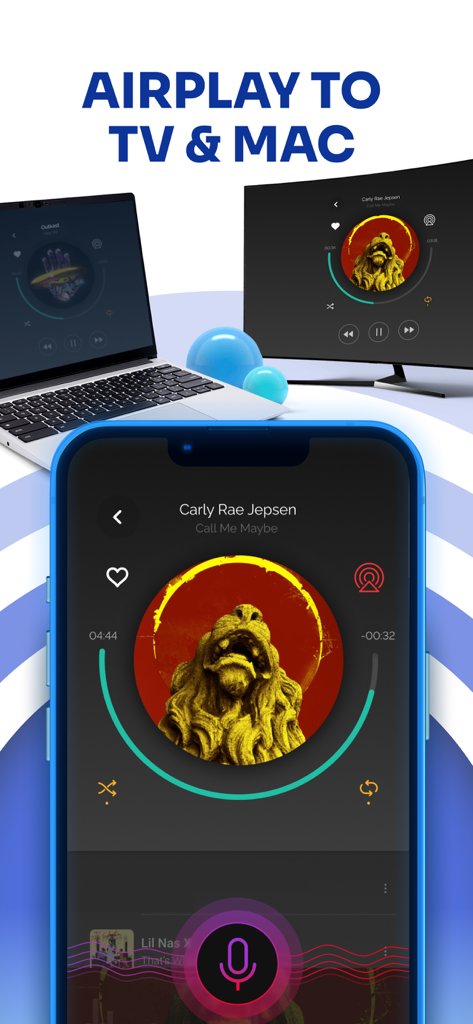Interface de l'application Headphones and Speaker Connect montrant la diffusion de musique d'un téléphone vers une TV et un ordinateur portable via AirPlay