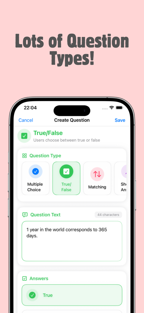 AI Quiz Maker - Test Generator - Interfaccia che mostra opzioni di domande a scelta multipla vero/falso e abbinamento nell'app AI Quiz Maker