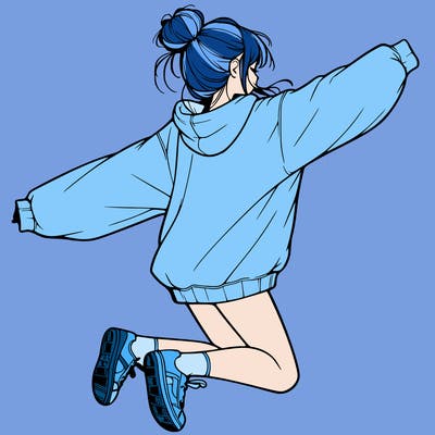 realistic girl jumping with a bun and oversized sweatshirt