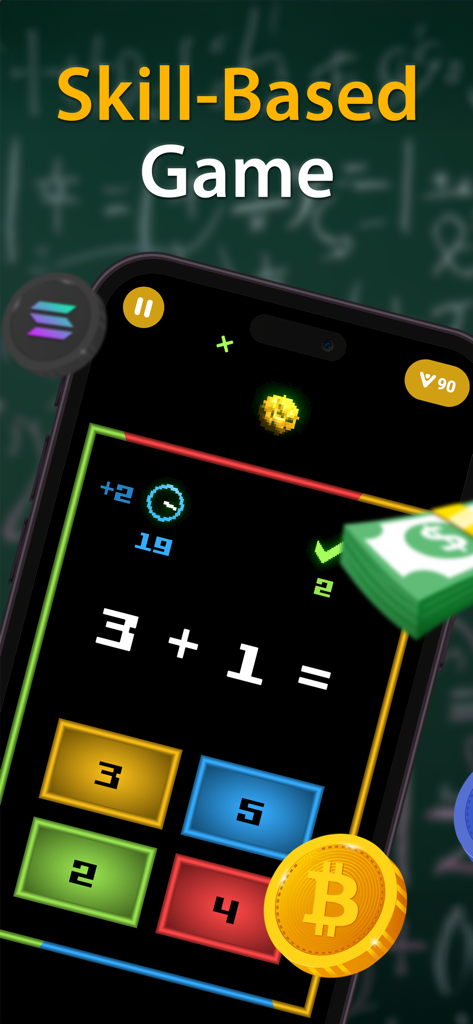 Brain Battle app screen showing a simple math addition puzzle with reward icons and multiple choice answers.