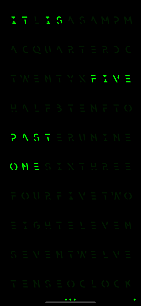 Pixel Clock - Retro Style - A retro-style word clock displaying 'It is five past one' in glowing green pixel letters on a black background.